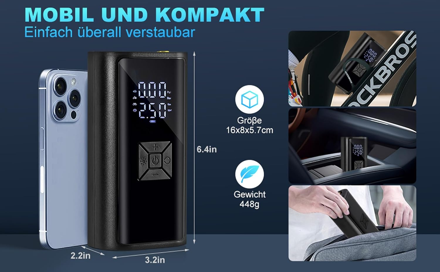 Abmessungen und Gewicht der kompakten Akku-Luftpumpe