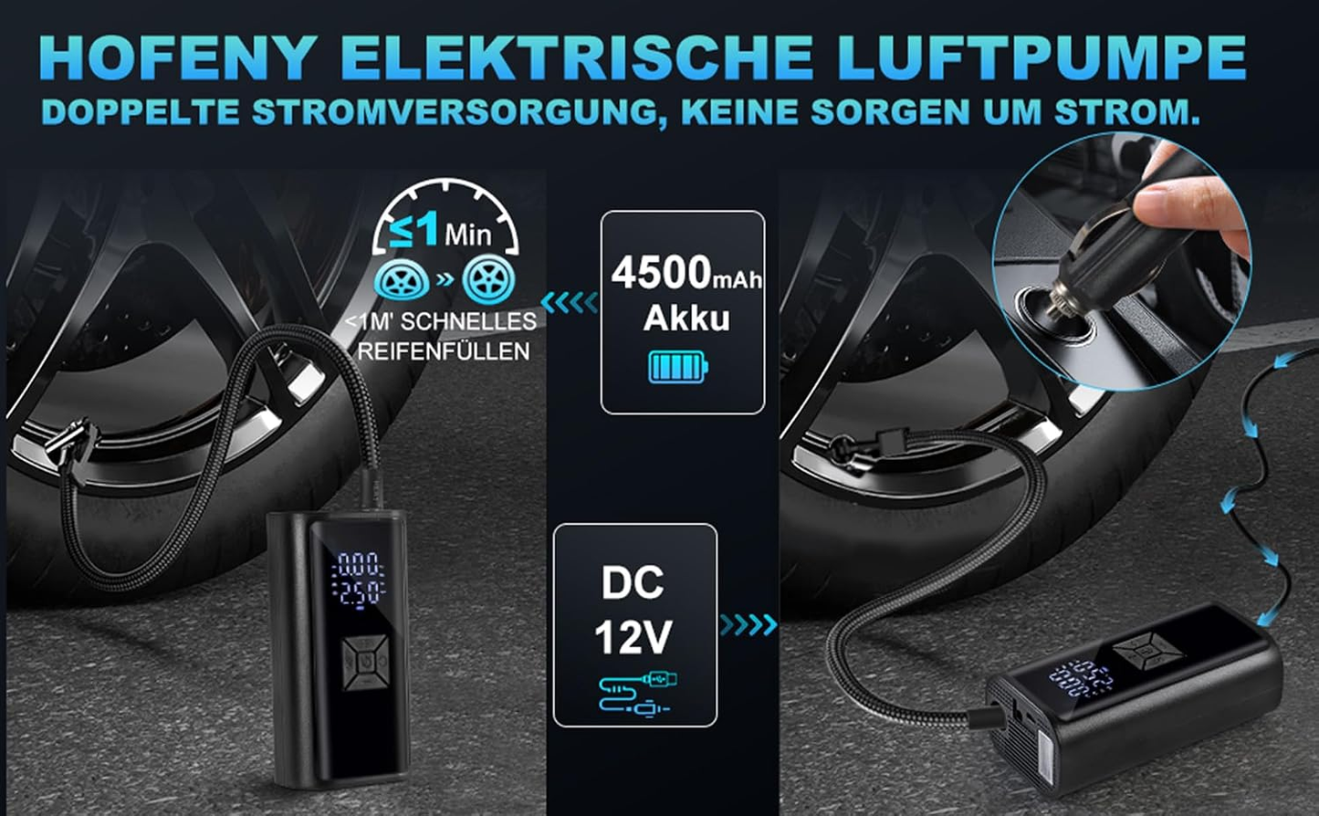 Akku-Luftpumpe mit 4500-mAh-Akku und 12-V-Fahrzeugbetrieb
