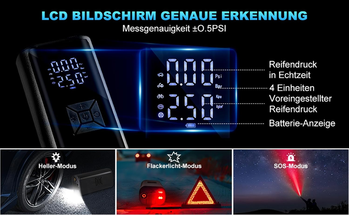 LCD-Druckanzeige und LED-Licht der Akku-Luftpumpe