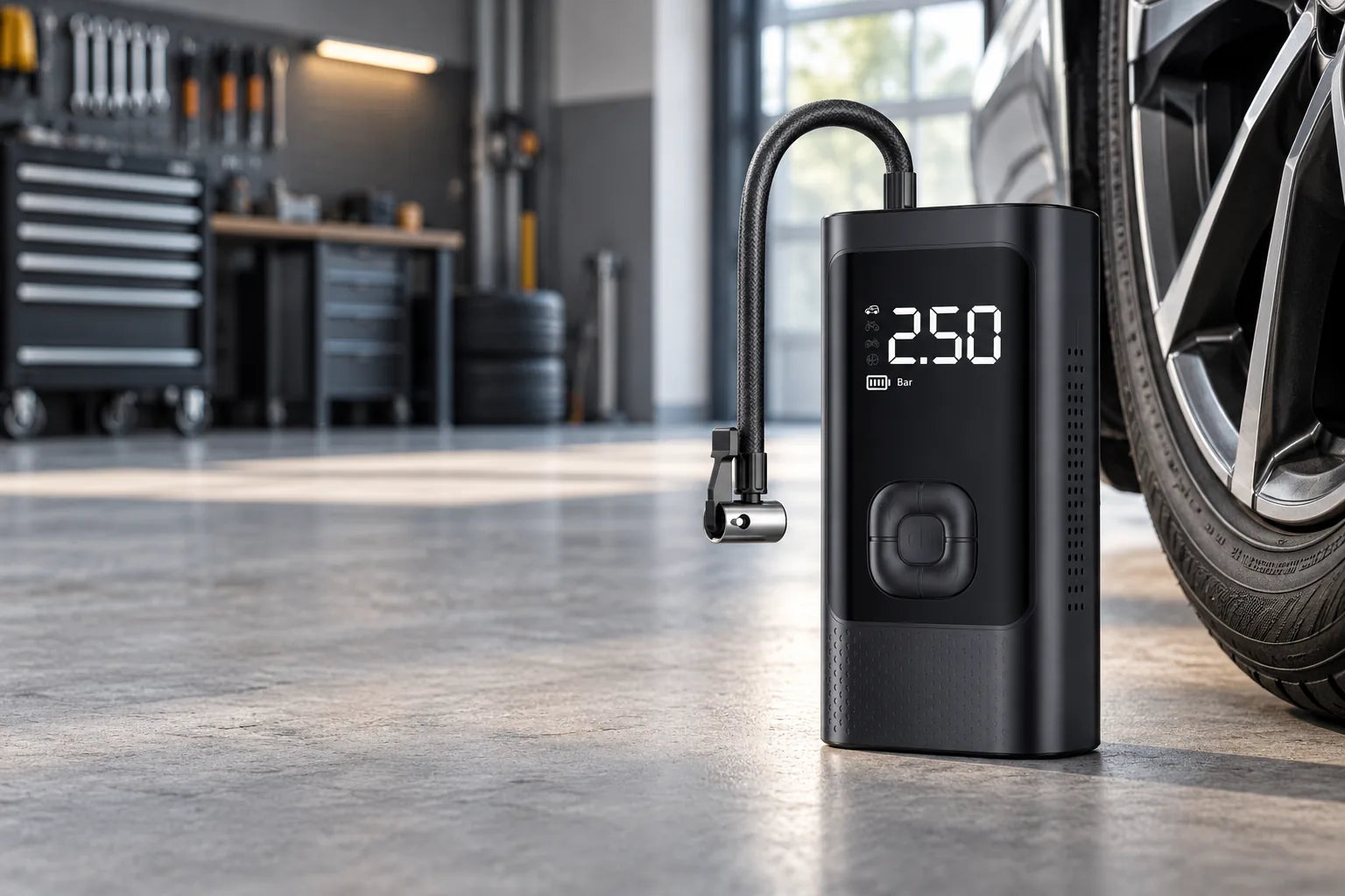 Kompressmeister 150 PSI Akku-Kompressor neben einem Autoreifen in der Garage