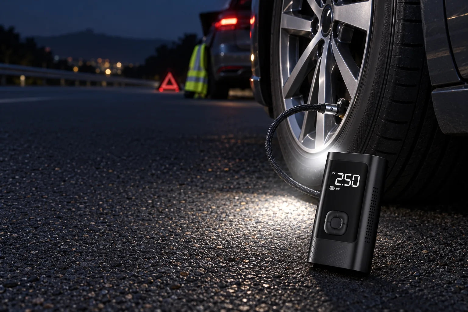 Kompressmeister am Autoreifen bei Nacht mit eingeschaltetem LED-Notlicht